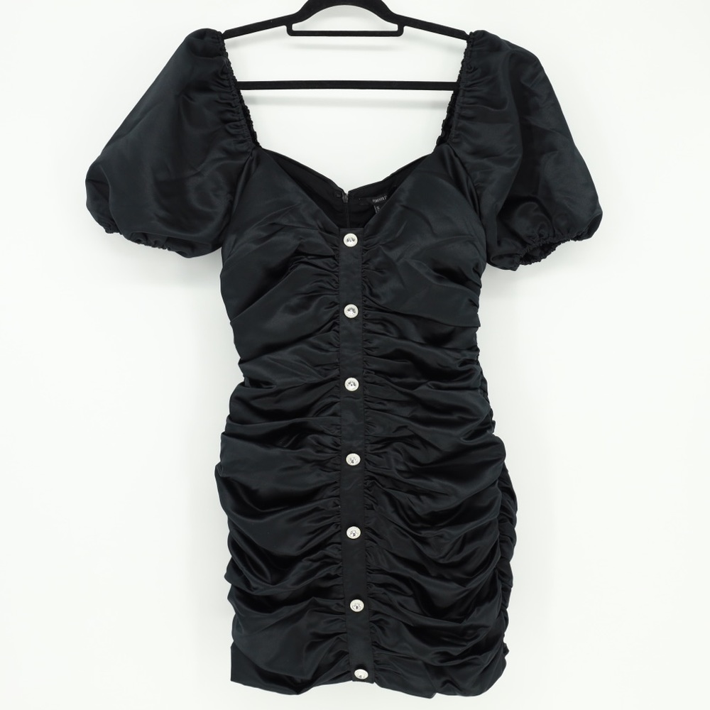Forever 21β Ruched Puff Sleeve Woven Mini Dress Medium Romantic Goth Satin LBD